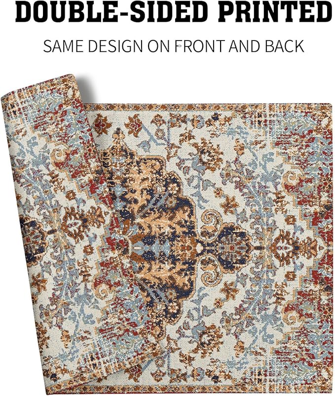 Ethnic Boho Placemats Set of 6 Southwest Brown Blue Carpet Woven Texture Linen Washable Kitchen Dining Table Mats Stain Heat-Resistant Desktop Decor Place Mats for Home Party Indoor 12x18 in