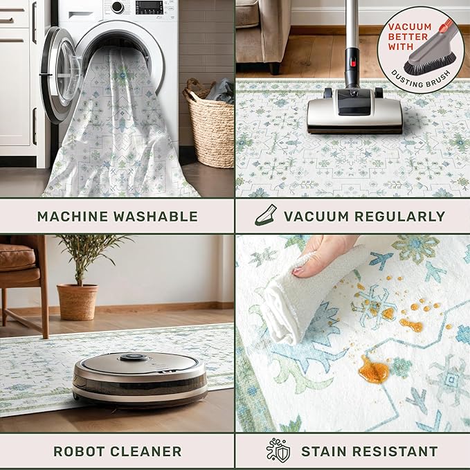 Cream Green and Blue Turkish Bathroom Runner 2x5 - Oushak Vintage Boho Floral Pastel, Washable Low Pile Non Slip Stain Resistant Small Throw Rug for Kitchen, Bedroom, Laundry