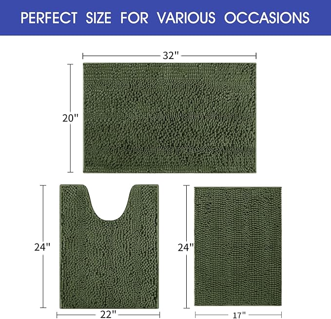 ACCUMTEK Striped Oliver Green Bathroom Rug Set 3 Pieces Ultra Soft, Non Slip Chenille Toilet Mat, Absorbent Plush Shaggy Bath Mats for Bathroom, Bedroom, Kitchen