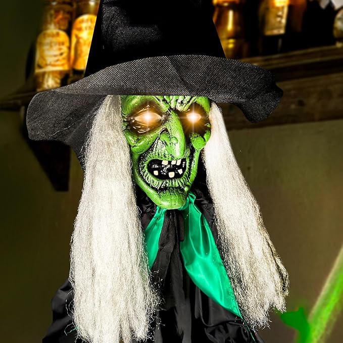 Haunted Hill Farm Lifesize Scary Talking Witch Prop with Cauldron and Broom with Touch Activated Lights and Sound, Battery-Operated Indoor or Covered Outdoor Halloween Decoration