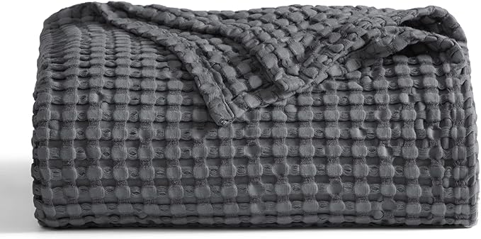 Bedsure Cooling Cotton Waffle King Size Blanket - Lightweight Breathable Summer Blanket of Rayon Derived from Bamboo for Hot Sleepers, Luxury Throws for Bed, Couch and Sofa, Dark Grey, 104x90 Inches