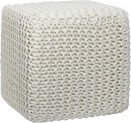 COTTON CRAFT Braided Cube Pouf - Hand Knitted Cotton Cord Cable Dori Ottoman - Foot Stool - Floor Pouf - Footrest - Portable Lightweight Accent Seat - Living Room Bedroom Dorm - 15 x 15 Square - Ivory