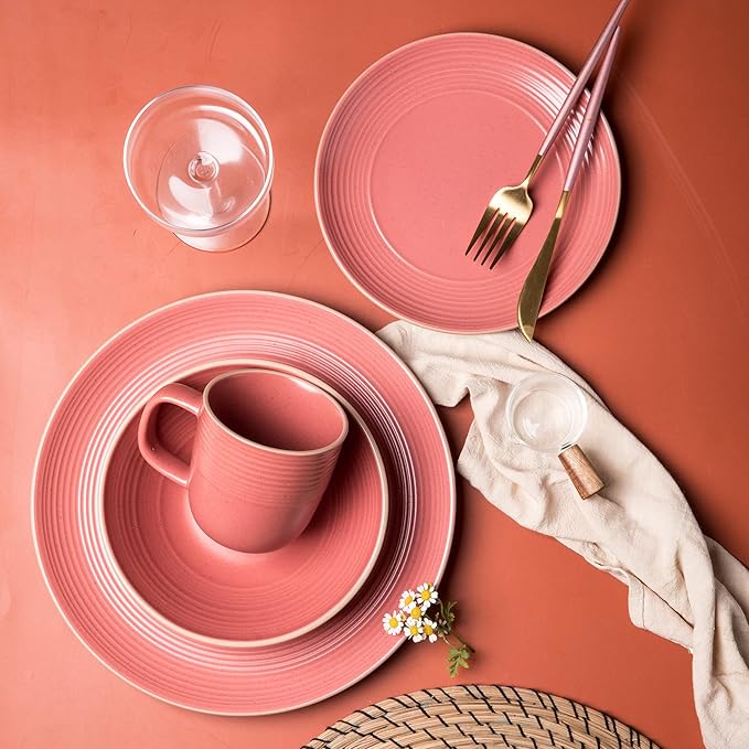 RINGAR Round Stoneware 16pc Dinnerware Set of 4, Dinner Plates, Side Plates, Cereal Bowls, Mugs - Speckle Matte Red (395476)