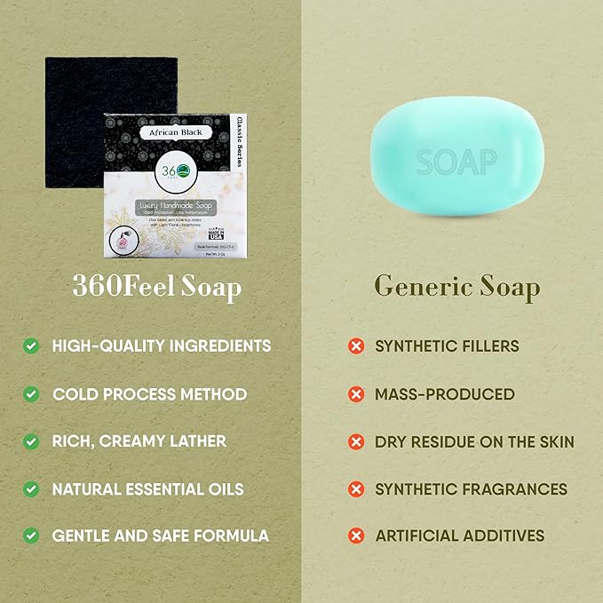 360Feel African Black Soap - Handcrafted Castile Soap Bar with Soothing Scent - Handmade with Essential Oil - Suitable Gift for Anniversaries, Weddings, and Holiday Stockings - Rich Lather
