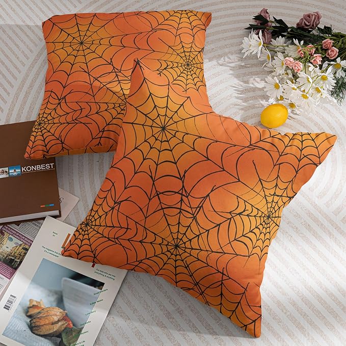 Halloween Spiderweb Pillow Covers 16x16 Set of 2 Orange Black Spider Web Outdoor Decorative Throw Pillows Halloween Scary Themed Farmhouse Pillowcases Linen Cushion Case Decor for Home Sofa Couch Bed
