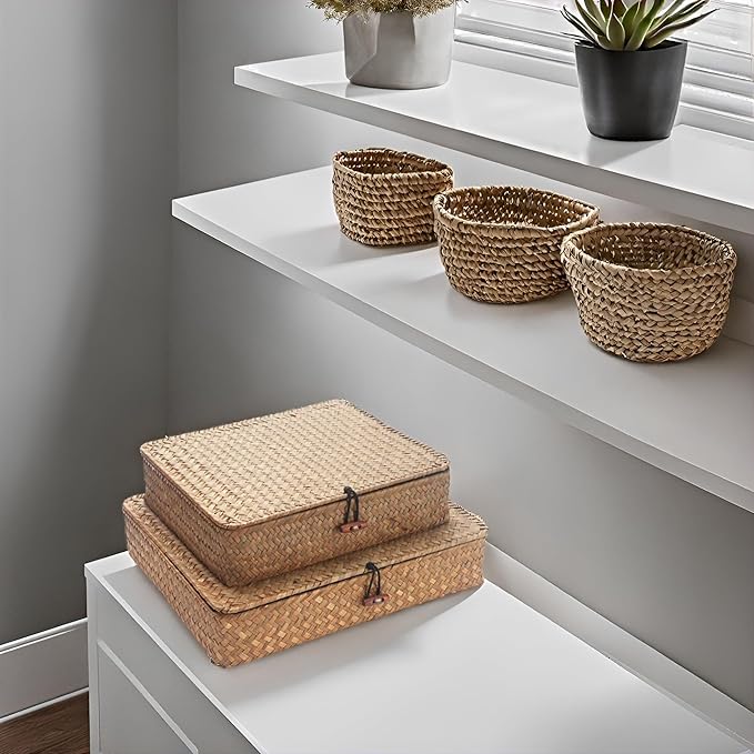 Seagrass Storage Baskets with Lid, Flat Wicker Basket, Rattan Storage Bins, Shallow Woven Basket for Shlef, Decorative Storage Boxes for Organizing