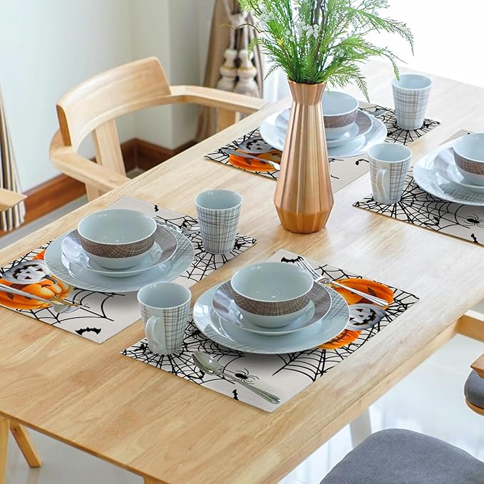Giwawa Halloween Placemats, Colorful Spooky Pumpkins Spider Web Bats Linen Place Table Mats Washable Stain Resistant for Kitchen Dining Party Holiday Tabletop Decor, Set of 4, 12x18 Inches