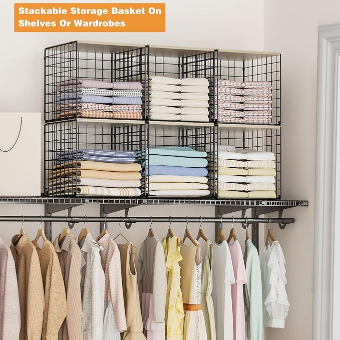4-Tier Stackable Closet Organizers and Storage Basket, Shelves with Wood Top, Foldable Clothes Storage Bin/Cube Drawer Organizer for Wardrobe, Space-Saving, Closet Organization,Black(Patent Pending) ๏ปฟ