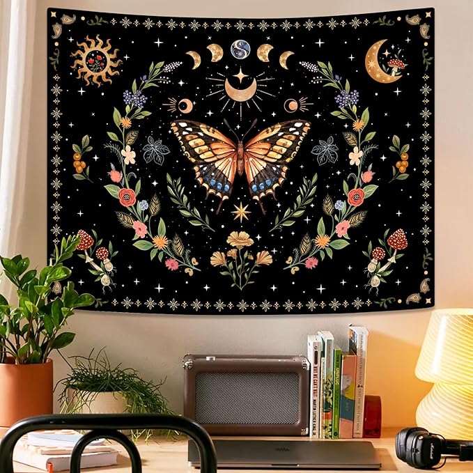 Lunerfex Boho Butterfly Tapestry Flower Moon Wall Tapestry, Moon Phases Tapestries for Bedroom Cute Tapestries Wall Hanging for Bedroom Living Room Wall Decor Butterfly-1 70"x90"