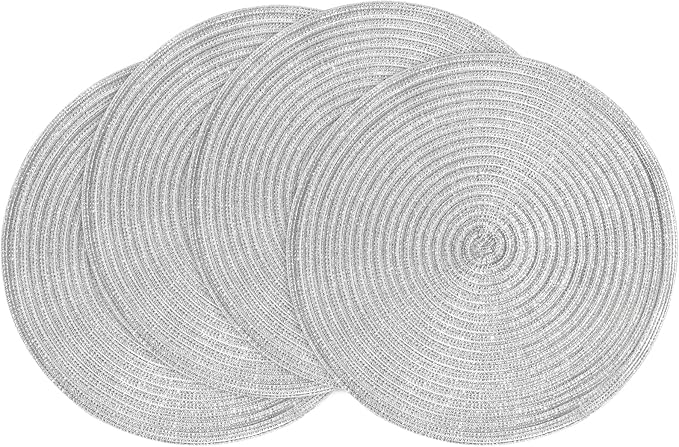 Floroom 15 Inch Round Braided Placemats Set of 4, Washable Heat Resistant Cotton Polyester Circle Place Mats for Kitchen Dining Table - Shimmer Silver