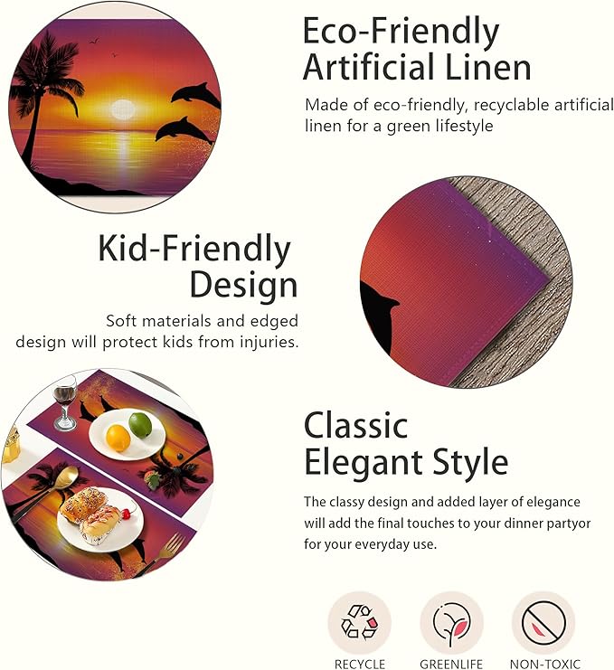 Dolphins Placemats Set of 6,Palm Tree Sunset Place Mats Heat Resistant Washable Non-Slip Table Mats for Party Kitchen Dining Decor 12x18 Inch