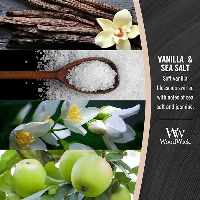 WoodWick Vanilla Sea Salt Scented Medium Hourglass Candle, Crackles as it burns, Ideal for gifting or home décor, 9.7oz