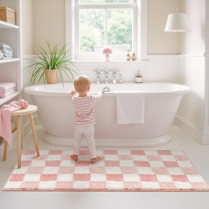 GRANNY SAYS Checkered Pink Bathroom Rugs, 48" x 24", Fluffy Rug, Absorbent Microfiber Ultra Soft Bath Mat Washable, Non-Slip Bath Mats for Bathroom, Cute Floor Mat for Tub, Shower, Bedroom