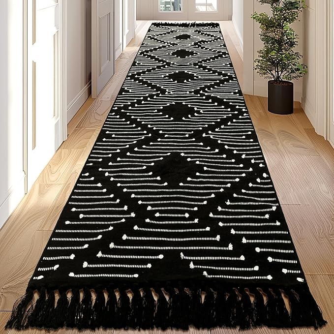 Tritard Boho Runner Rug 2x12 - Washable Extra Long Hallway Rug with Tassel, Woven Farmhouse Kitchen Runner Rugs Cotton Lightweight Aztec Low Pile Carpet for Entryway, Laundry, Bathroom, Black White