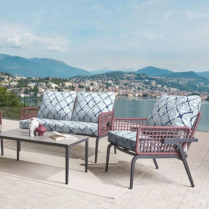 LVTXIII Outdoor Deep Seat Cushion Patio Seat and Back Cushion Set Seasonal Chair Cushion with Removable Cover and Adjustable Buckle for Home and Garden, 24"x24"x4", Boho Geometry Blue
