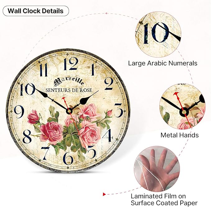 Home Clock 14 Inch Silent Non-Ticking Quartz Movement Wooden Wall Clock Round Battery Operated Indoor Decorative Wall Clocks Vintage French Floral Wall Clock (Pink Roses)