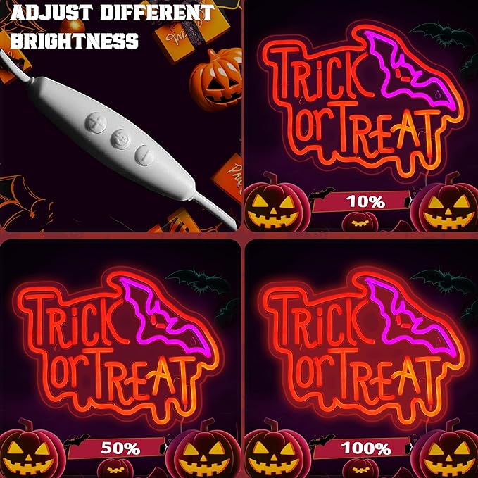 Halloween Neon Sign, Halloween Trick or Treat Neon Light Battery or Usb Powered for Wall Decor, Adjustable Brightness Halloween Neon Light(14.9 x 11.6 inches)