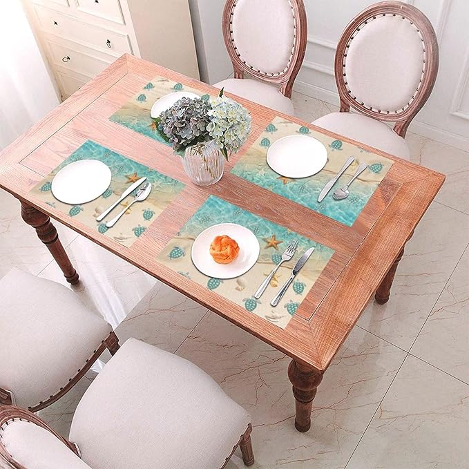 Sea Turtles Beach Placemats Set of 4 Linen Washable Non-Slip Heat-Resistant Teal Nautical Decorative Kitchen Table Mats for Dining Outdoor Home Decor 12x18 Inch