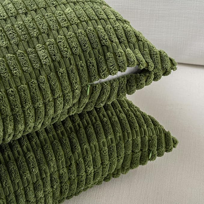 Fancy Homi Set of 4 Green Boho Spring Decorative Throw Pillow Covers 24x24 Inch for Couch Bed Sofa, Aesthetic Modern Bohemian Room Decor, Soft Fuzzy Fluffy Cozy Corduroy Cushion Case 60x60cm