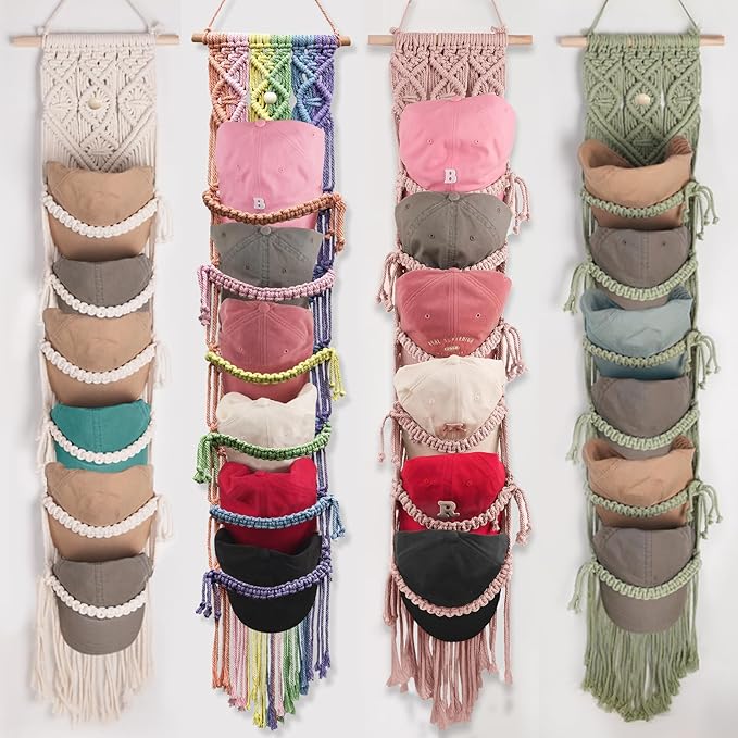 2PCS Macrame Cap Holder Boho Hat Hangers Over Door Decorative Bohemian Handmade Ball Cap Rack Organizer Woven Wall Hanging for Baseball Cap Display Decorations (Rainbow, Up to 24 Caps)