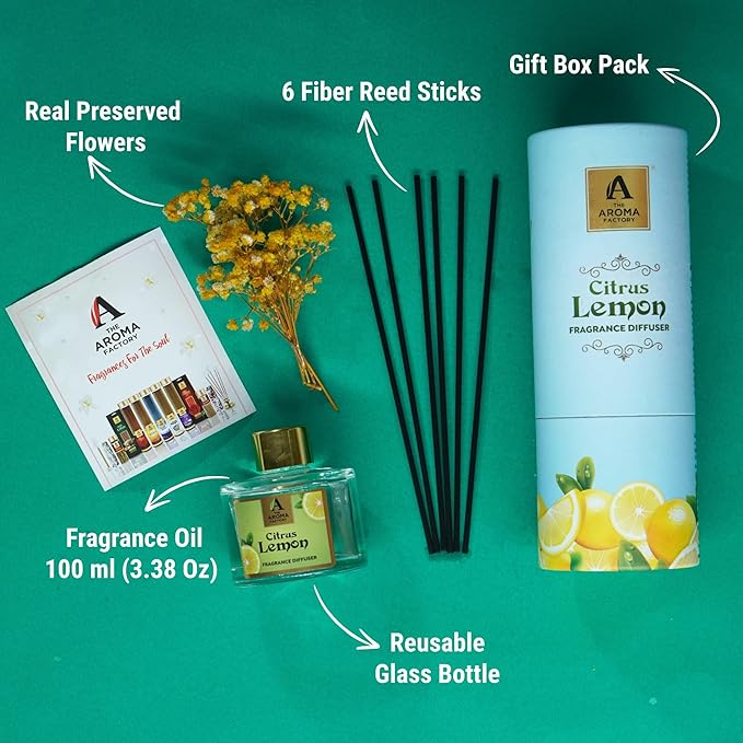 The Aroma Factory Fragrance Reed Diffuser Set with Natural Essential Oil, Aroma Sticks & Real Preserved Flowers | Luxury Home Decor Scent (Citrus Lemon, 1 Pack)