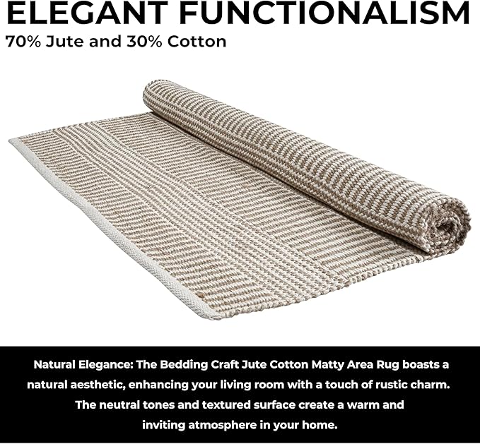 Bedding Craft Jute Cotton Stripe Area Rug for Living Room 48x72 Inch - Natural Ivory - Machine Washable 4x6 Feet Rugs - 70% Jute and 30% Cotton