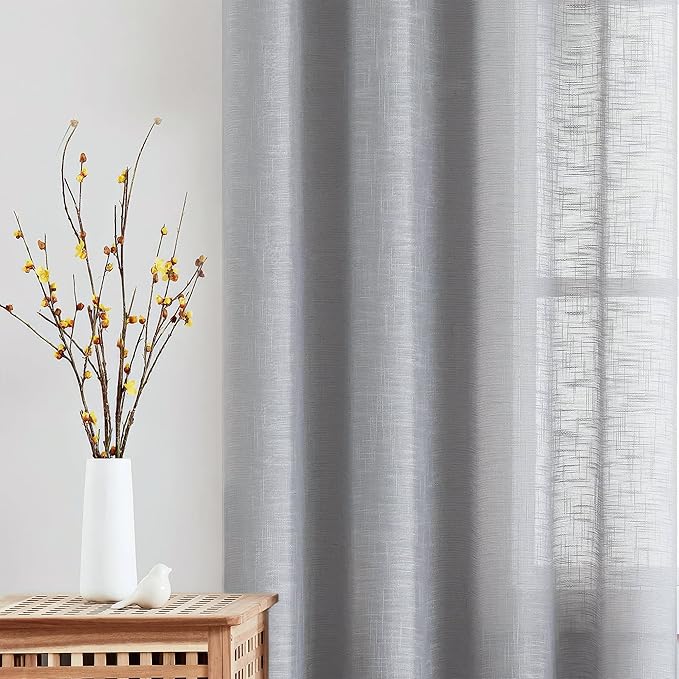 FMFUNCTEX Linen Grey Sheer Curtains for Bedroom 96 inches Long Sliding Door Curtain for Extra Wide Windows White Room Divider Rich Linen Textured Curtain Panels for Living Room Neutral Gray 1 Pack