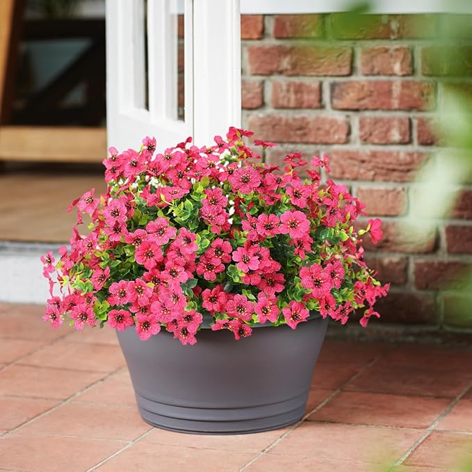 Artificial Flowers Outdoor Faux Plants UV Resistant 12 Bundles Fake Patio Flowers Plastic Greenery Plnats Outside Bulk for Spring Garden Hanging Planter Home Vase Decor, Rose Red