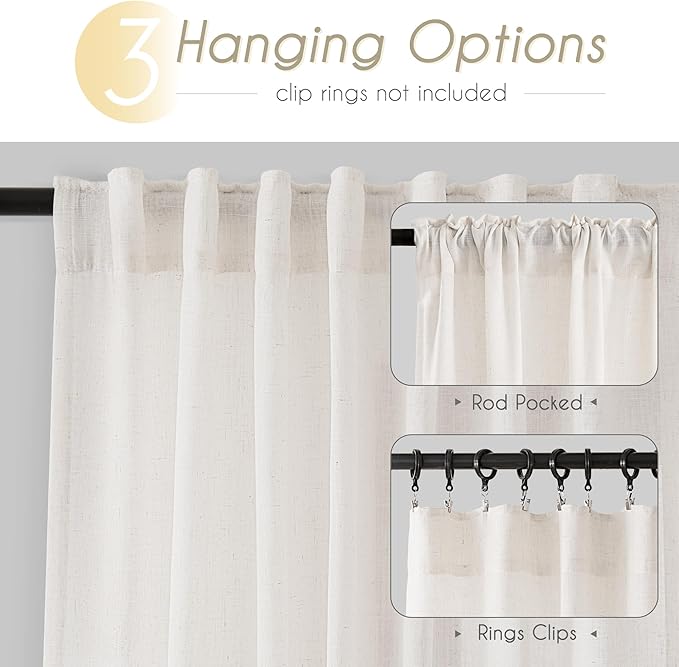 2 Panels Set Cream Linen Curtains 108 inches Long For Living Room Neutral Farmhouse Light Filtering Semi Sheer Linen Drapes 108 inch Ceiling To Floor For Large Window Villa Hallway Ivory FT 42x108