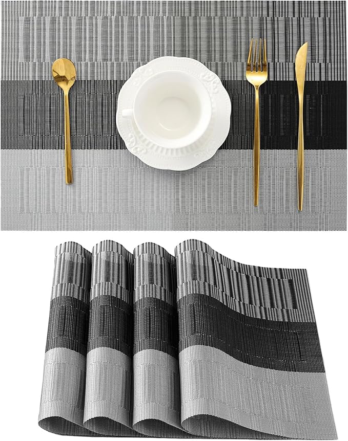 Leetaltree Grey with White Striped Placemats Set of 4 - Heat Resistant Non-Slip Place mats for Dining Table, Washable Durable PVC Vinyl Woven Table Mats(Grey Stripe, 4)