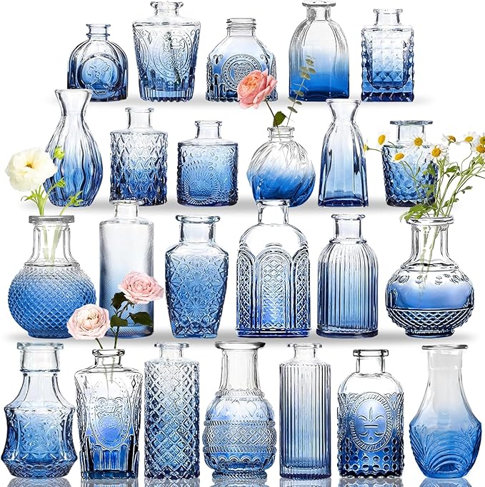 Bud Vases Set of 24, Gradient Blue Vintage Small Vases for Flowers, Clear Crystal Mini Glasses in Bulk, Small Flower Design for Centerpieces Wedding Home Flower Party Decor