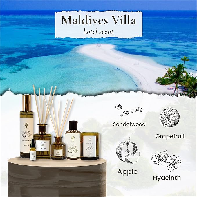 PRISTINE Maldives Villa/Inspired by Marriott Hotel Reed Diffuser Refill with Reed Sticks | Citrusy Grapefruit, Apple/Ocean Breeze/Sandalwood Oil Diffuser Refills | Hotel Reed Diffuser Oil Refill