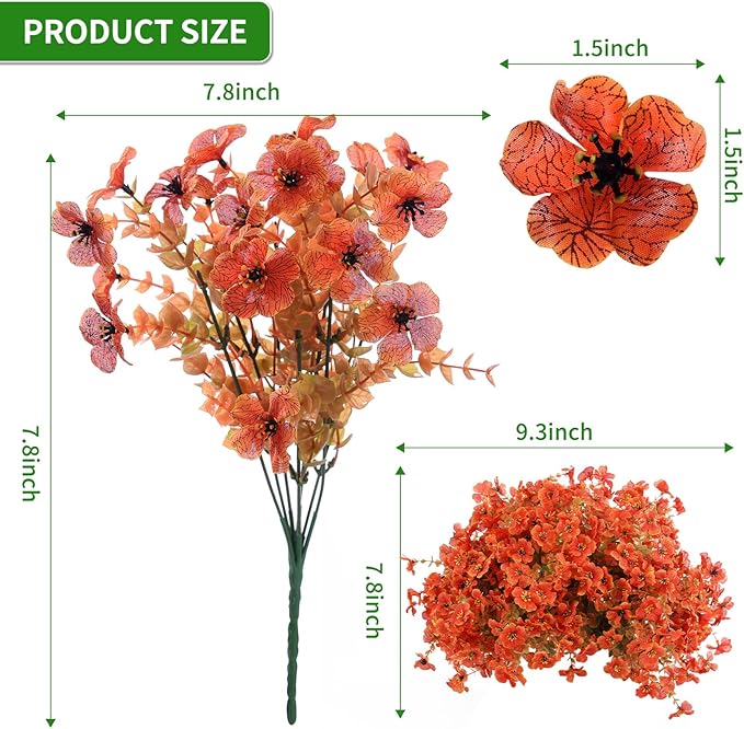 14 Bunch Outdoor Artificial Flowers with Plastic Plants Eucalyptus Faux Flowers, Outdoor Front Porch Hanging Planter Window Frame Garden Decor (Orange)