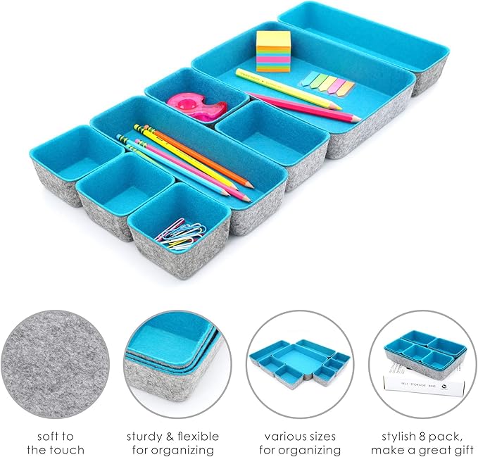 Welaxy desk drawer organizer tray dividers small felt storage box for office entryway catchall key holder makeup crafts pens decluttering 8-piece back to school (Turquoise)