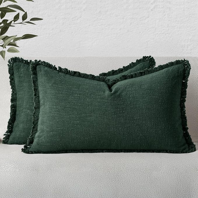 MIULEE Decorative Lumbar Throw Pillow Covers Neutral Linen Fringe Throw Pillows Set of 2 Army Green Boho Farmhouse Cushion Covers for Couch Sofa Bed Living Room Spring Home Decor 12x20 Inch