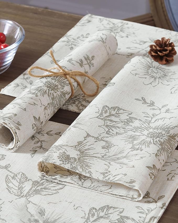 JINCHAN Linen Floral Placemats Set of 4 Farmhouse Cloth Table Mats Holiday Seasonal Rustic for Kitchen Dining Home Decor Washable Tablemats Double Layer Placemats 13x19 Inch Grey