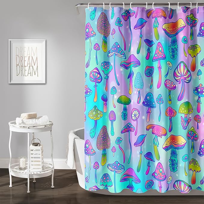 AILONEN Mushroom Shower Curtain for Bathroom,Blue Purple Mushroom Bath Curtain,Cute Cartoon Magic Fungus Decor Bathroom Curtain with 12 Plastic Hooks, 72" W x 96" H