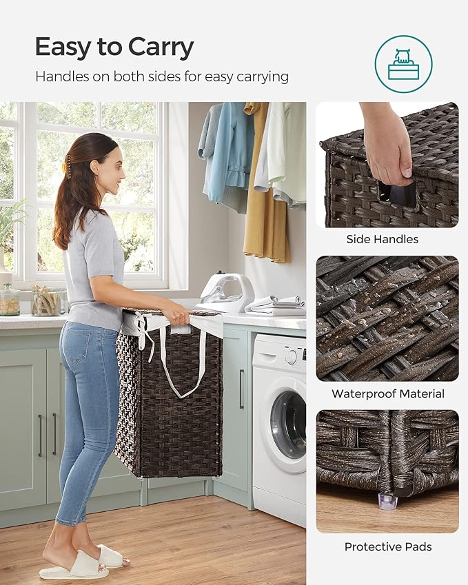 SONGMICS Laundry Hamper with Lid, 90L Clothes Hamper with 2 Removable Liner Bags, 6 Mesh Bags, Wicker Laundry Basket, Double Laundry Hamper for Bathroom, 13 x 18.1 x 23.6 Inches, Brown ULCB251K01V1
