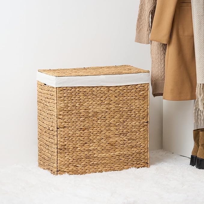 Woven Laundry Basket with Lid - Large Wicker Hamper with Lid for Clothes Storage - Round Rattan Laundry Hamper - Water Hyacinth Storage Basket with Lid (Natural Brown, 24x12.8x24 in)