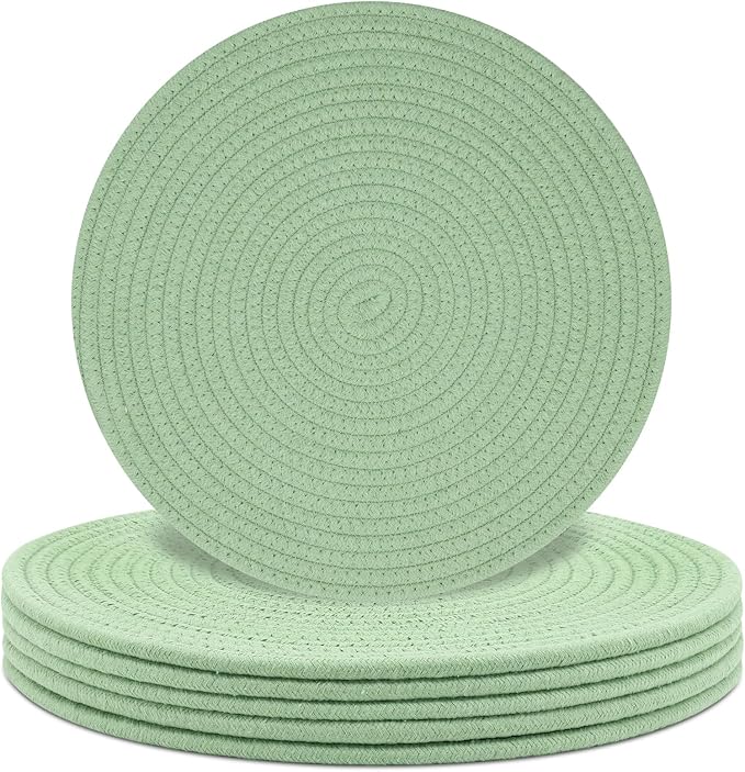 Round Placemats Set of 6, Cotton Rope Woven Table Mats, Hot Pads for Kitchen, Non Slip Heat Resistant Place Mats, 13 Inches Braided Placemat for Farmhouse Decor and Kitchen Table Decor (Green)
