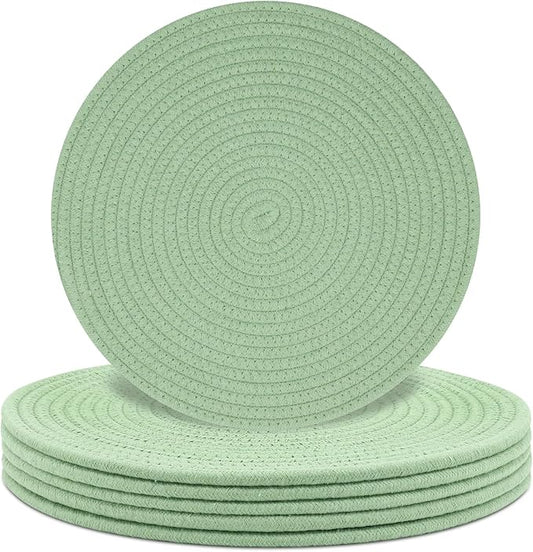 Round Placemats Set of 6, Cotton Rope Woven Table Mats, Hot Pads for Kitchen, Non Slip Heat Resistant Place Mats, 13 Inches Braided Placemat for Farmhouse Decor and Kitchen Table Decor (Green)