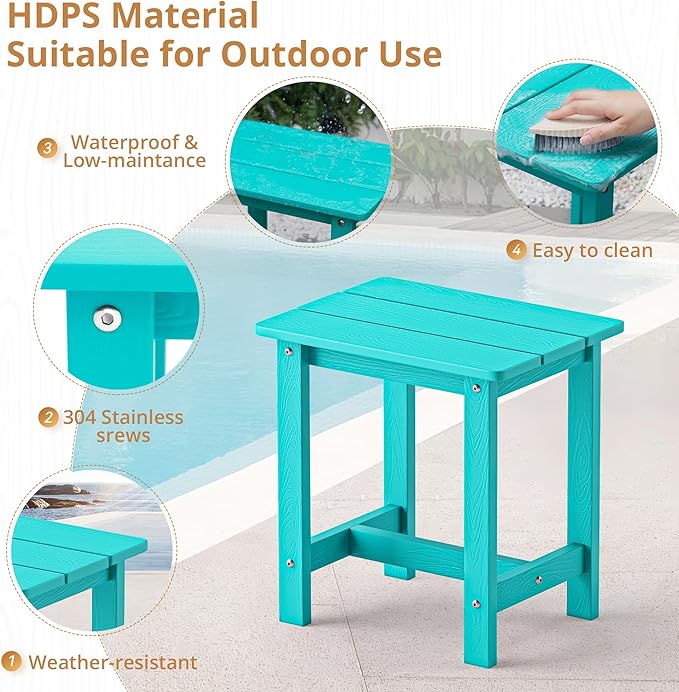 LUE BONA Outdoor Side Table Set of 2, HDPS Small Outdoor Table, Adirondack Side Table, Outside End Table for Patio, Deck, Pool, Weather Resistant/Easy Maintenance/Indoor or Outdoor Use, Aruba Blue
