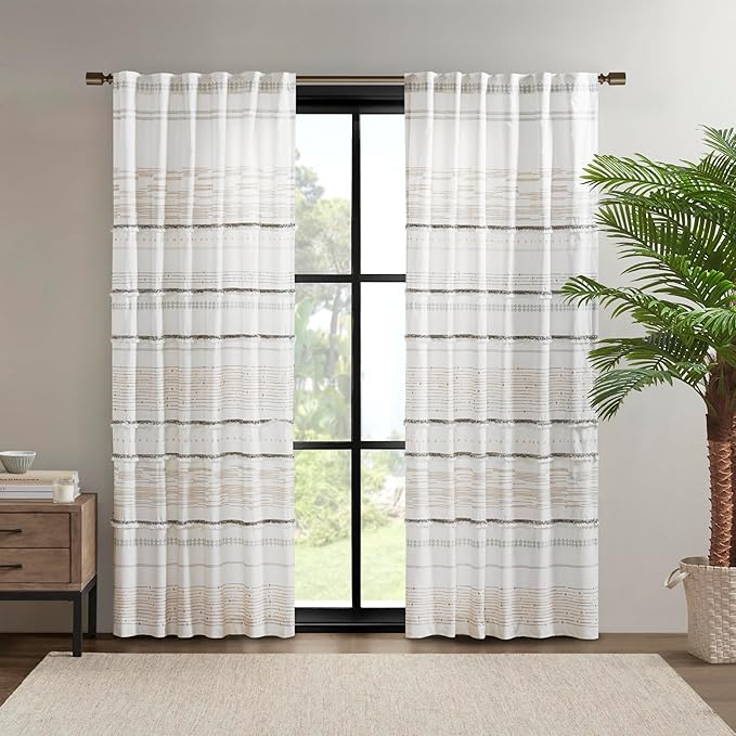 INK+IVY NEA 100% Cotton Single Panel Curtain Stripes Tassels Trim Boho Design Rod Pocket Top Drape for Living Room, Privacy Window Treatment for Bedroom, 50" x 84", Off White/Gray
