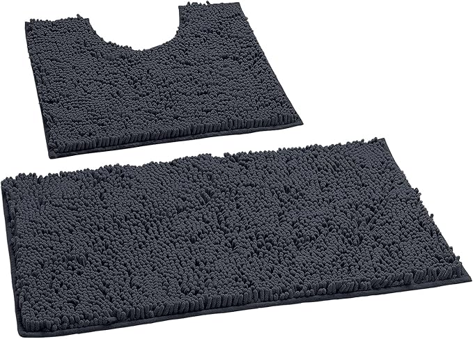 LuxUrux Bathroom Rugs Sets 2 Piece: Quick Dry, Soft Plush Anti-Slip, Super Absorbent. Includes Rectangular (31x20 inches) & U-Shaped Toilet Mat (20x20 inches) | Charcoal