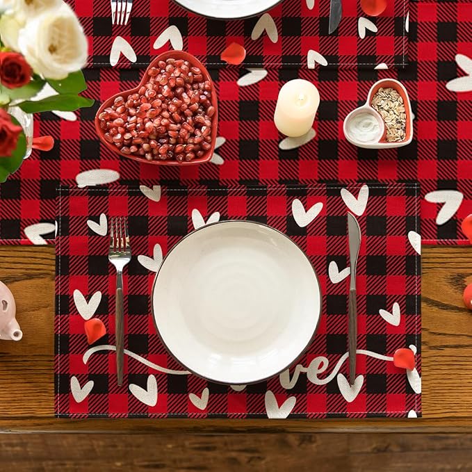 Artoid Mode Black Red Buffalo Plaid Love Valentine Placemats Set of 4, 12x18 Inch Seasonal Anniversary Holiday Table Mats for Party Kitchen Dining Decoration