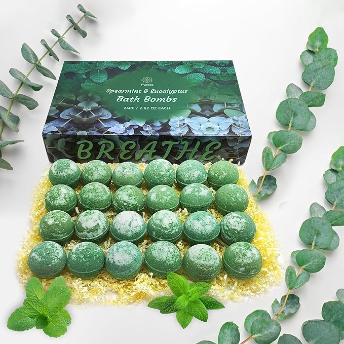 Purelis Handmade 24-Pack Spearmint & Eucalyptus Bath Bombs - Natural Moisturizing Aromatherapy Bath Bombs for Men and Women