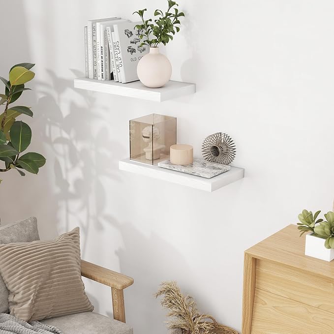 Fun Memories White Floating Shelves, 9 Inch Deep Floating Shelves for Wall, 16" x 9" Wall Shelves Set of 2, Deep Bathroom Shelves for Home Storage, Wide White Floating Shelf for Living Room, Kitchen