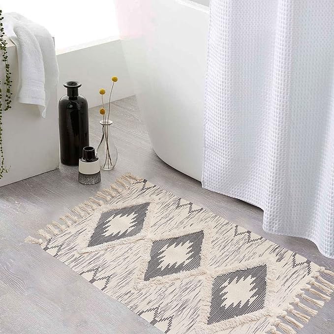 Boho Bathroom Rugs 2x3ft Farmhouse Bath Runner Rug, Small Tufted Cotton Accent Floor Mat with Tassels, Grey