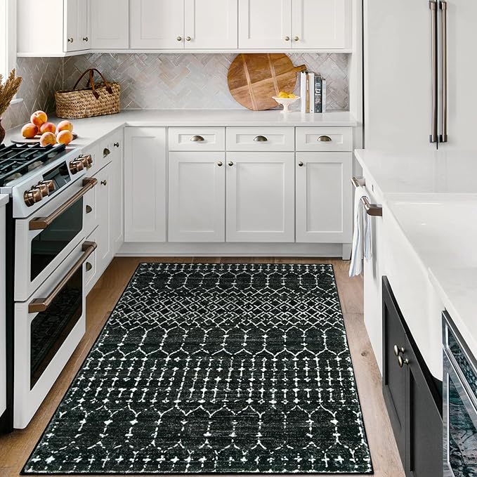 Lahome Moroccan Black Area Rug for Living Room - 3x5 Non-Slip Washable Stain Resistant Large Kitchen Rugs Throw Low-Profile Soft Bedroom Carpet Geometric Print Distressed Rug for Entryway Dining Room