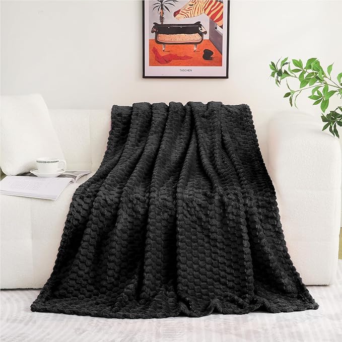Puncuntex Black Throw Blanket 108"×90" inches Fuzzy 3D Jacquard Decorative Flannel Fleece Super Soft Plush Cozy Blanket for Couch Sofa Chair Lightweight